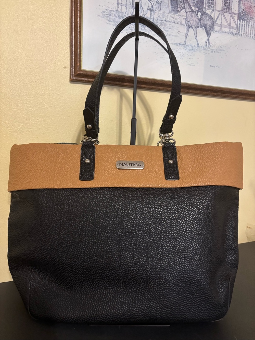 Nautica Black and Tan Two-Tone Pebbled Leather Tote